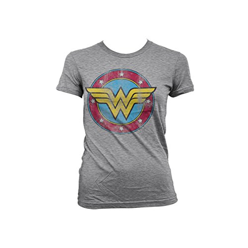 Officially Licensed Merchandise Wonder Woman Distressed Logo Girly Tee (H.Grey), X-Large