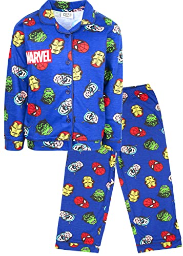 Marvel - Pijama para niños - Pijama azul con botones con superhéroes de Marvel - Ropa de dormir...
