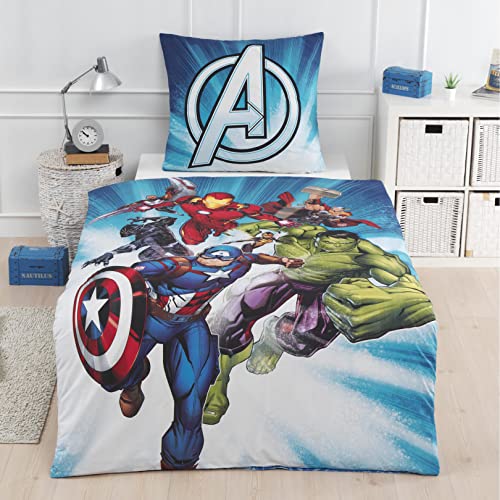 termana Marvel Vengadores Ropa de cama de algodón 135 x 200 cm, 80 x 80 cm, ropa de cama infantil...