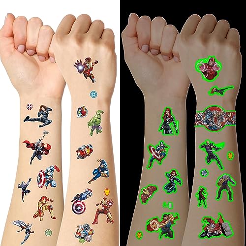 Superhéroe Avengers Tatuajes Temporales Niños, 8 Hojas Superhéroe Avengers Luminosas Tatuajes,...
