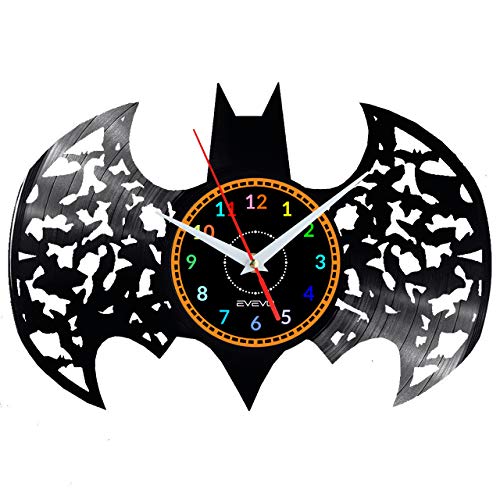 EVEVO Reloj de Pared de Batman de Vinilo, diseño Vintage de Silueta, Hecho a Mano, Regalo para el...