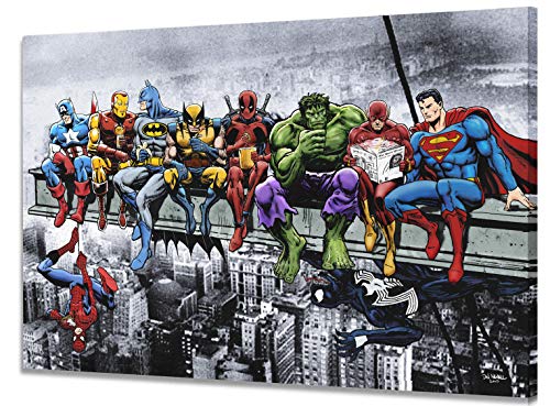 Marvel DC - Stampa Artistica su Tela (58x86cm) Superhéroes Almuerzo En La Parte Superior De Un...