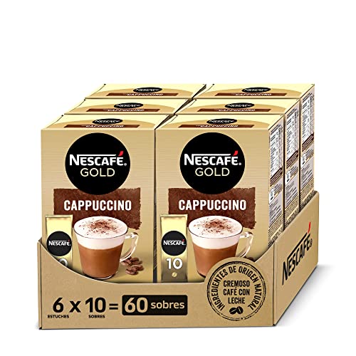 NESCAFÉ GOLD CAPPUCCINO NATURAL, cremoso café soluble con leche desnatada, Pack de 6 estuches con...