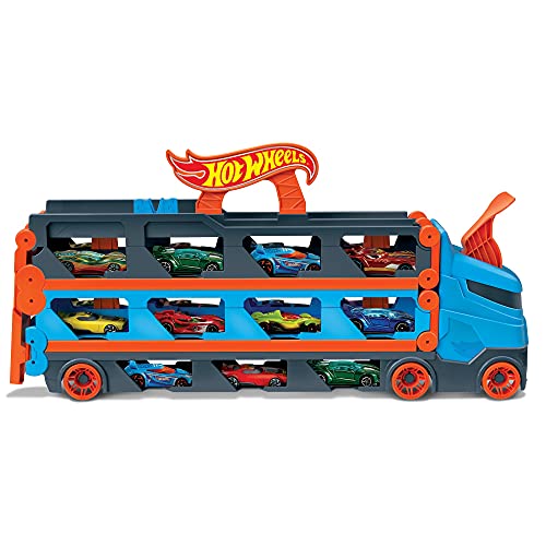 Hot Wheels Camin de transporte convertible en pista para coches de juguete, almacena 20 vehculos,...