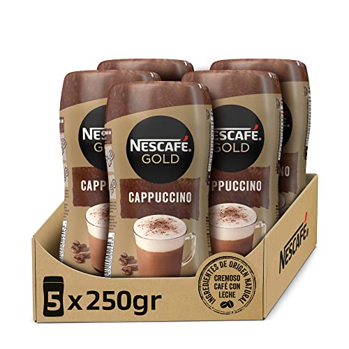 NESCAFÉ GOLD CAPPUCCINO NATURAL, cremoso café soluble con leche desnatada, Pack de 5 botes de 250...