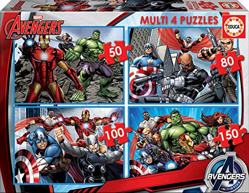 Educa Multi 4 Puzzles Junior, Puzzle Infantil Avengers de 50,80,100 y 150 Piezas, a Partir de 5...