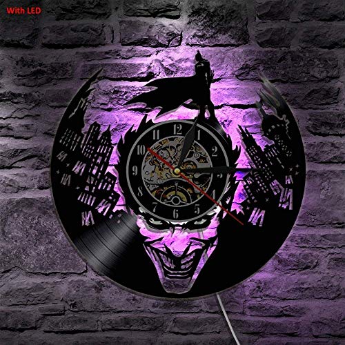 Joker Batman Gotham City LED Retroiluminación Cambio de Color Vintage Vinilo Reloj de Pared