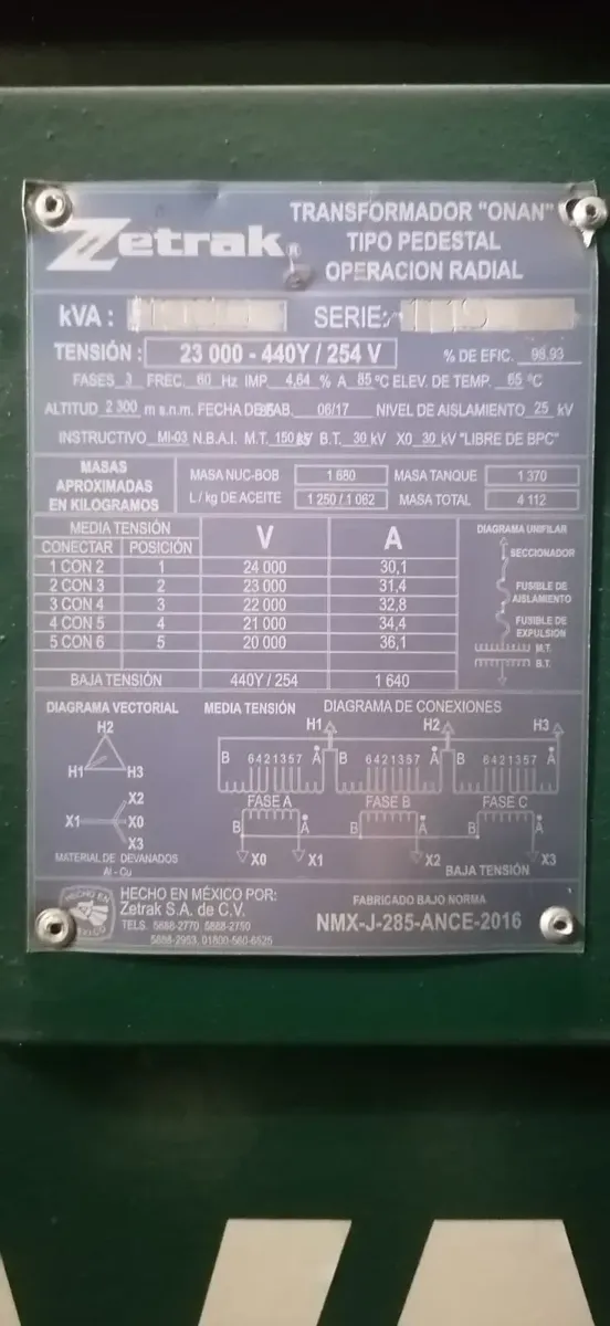 Transformador Tipo Pedestal Anillo 75KVA 13200Y/7620V - 220Y/127V Estrella-Estrella Ficha