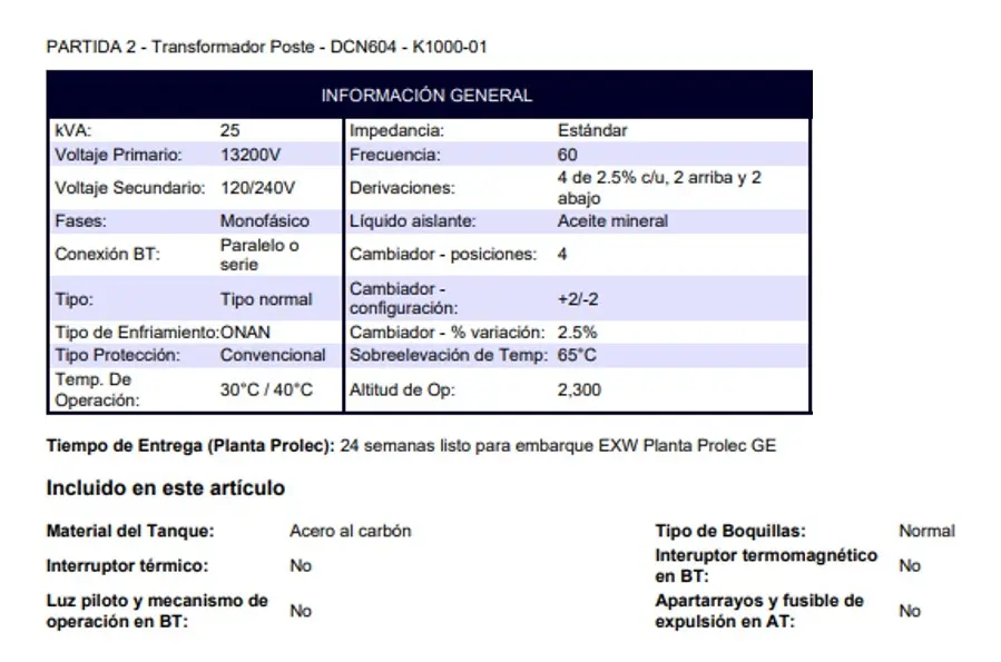 Transformador Monofasico Tipo Poste 25 Kva 13200YT-120/240v Prolec características