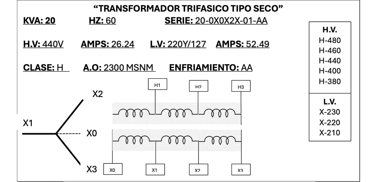 Transformador Trifásico Tipo Seco 20 KVA 220-380-440/220-127 V Ehmi - Imagen 2